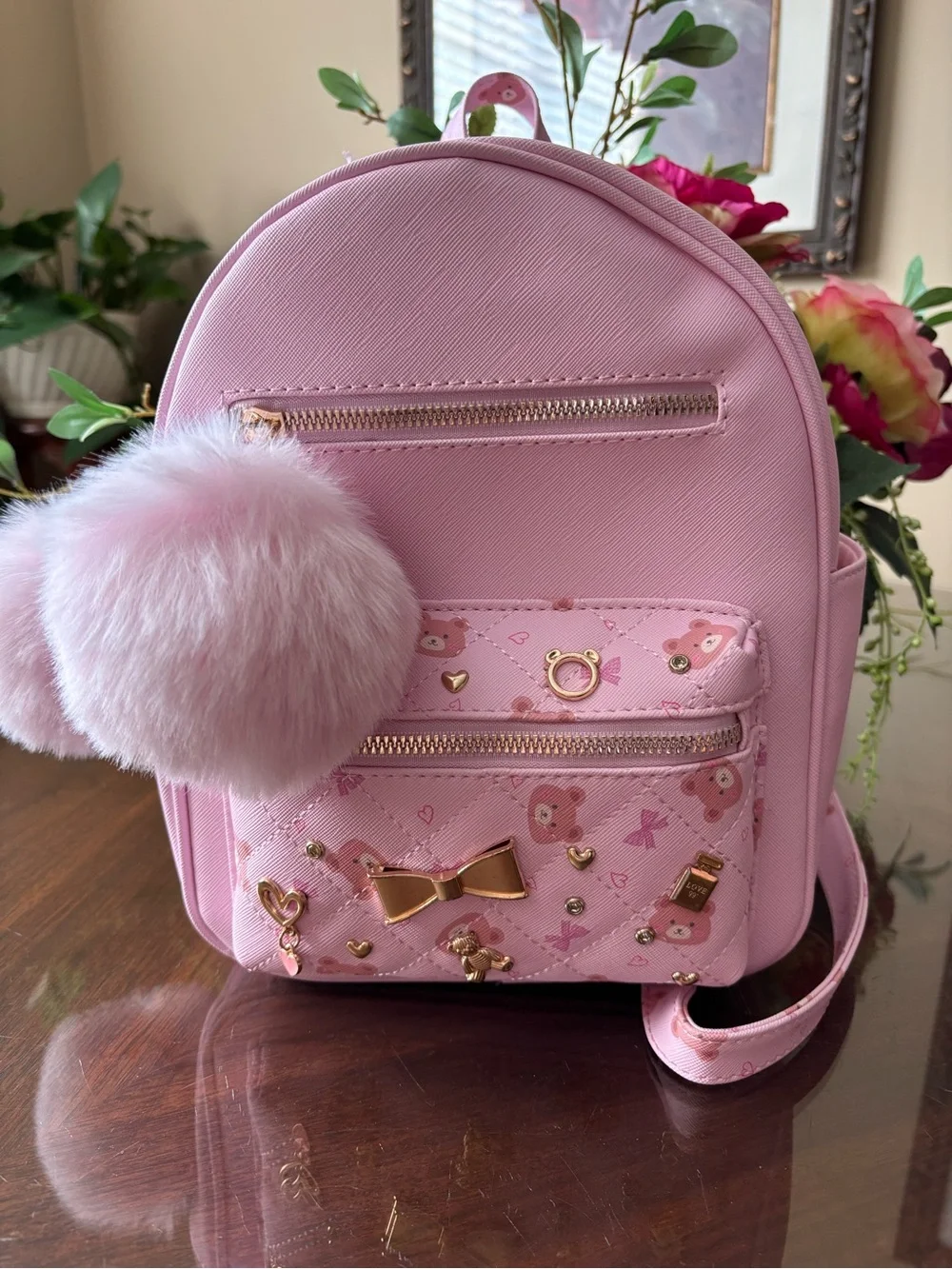 Under One Sky Light Pink Mini Backpack with Faux Fur Pom Pom and Gold Accents
